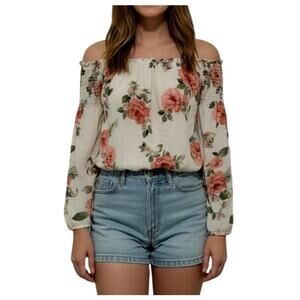 Event Women's Small White Pink Floral Long Sleeve Off Shoulder Sheer Blouse